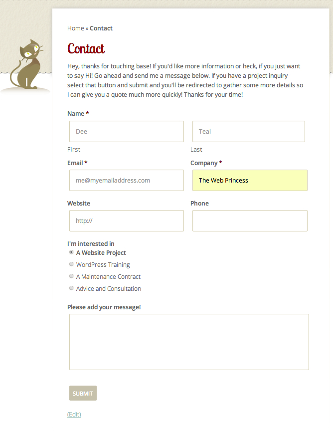 Snapshot of the Web Princess Contact Form
